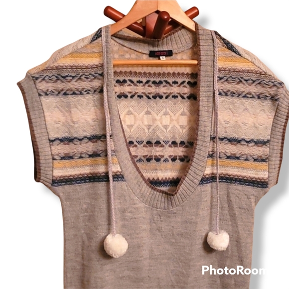 Kenzo Pull Over Wool Alpaca Sleeveless Sweater Vest with Pompoms - Picture 2 of 12